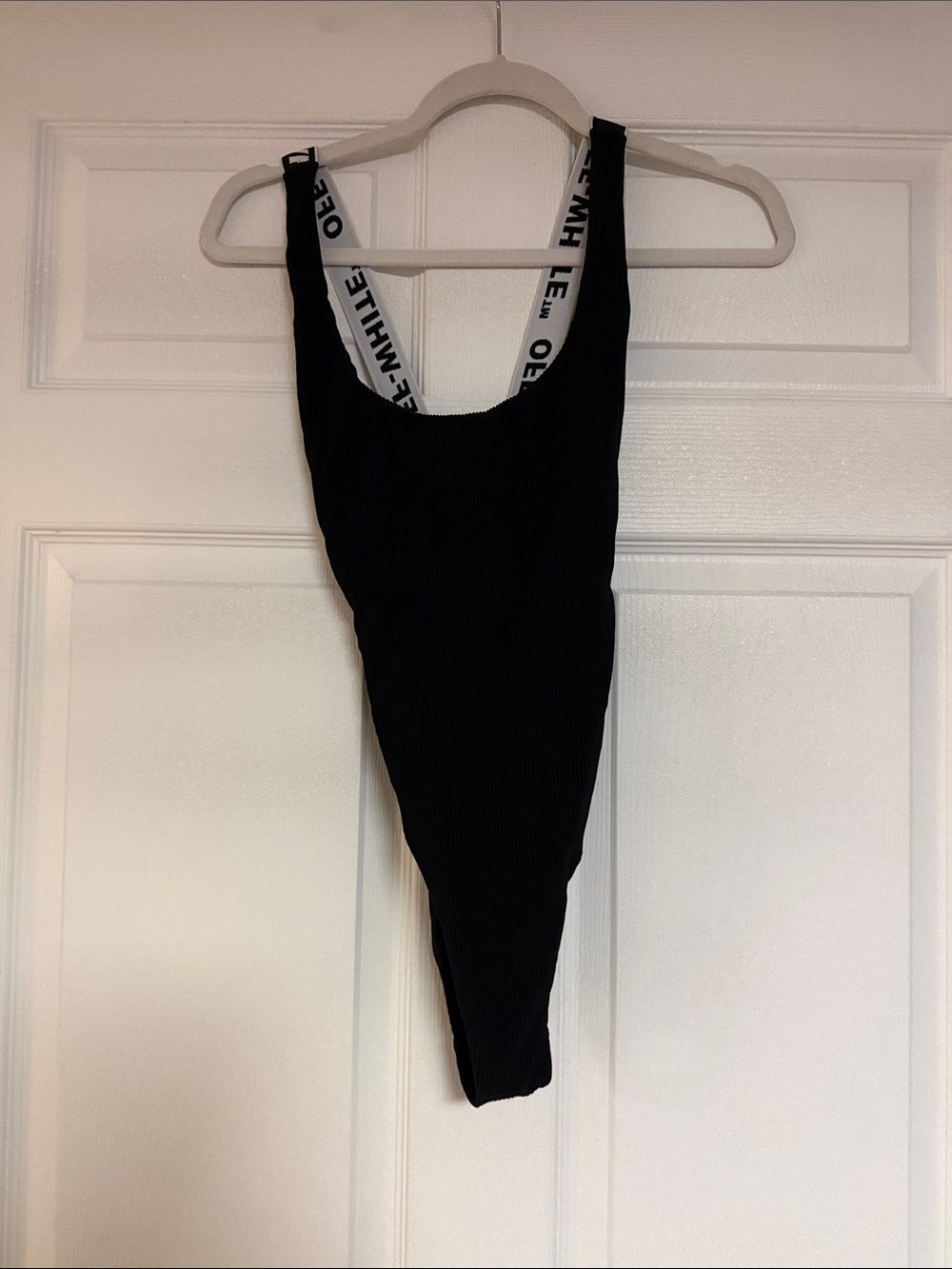 NWOT Off-White Black Ribbed Thong Bodysuit with Branded White Straps